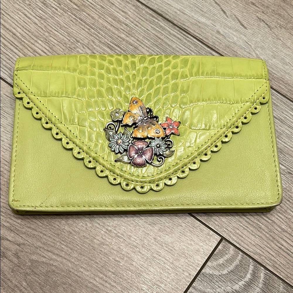 Brighton Green Floral Butterfly Embellished Women Travel Clutch Pouch Magnetic